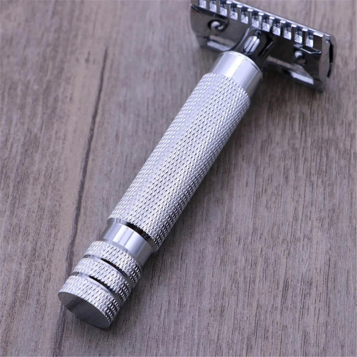 Flat Bottom Safety Razor Double Edge Barber Shaver with Textured Handle for Close Shaving - 4