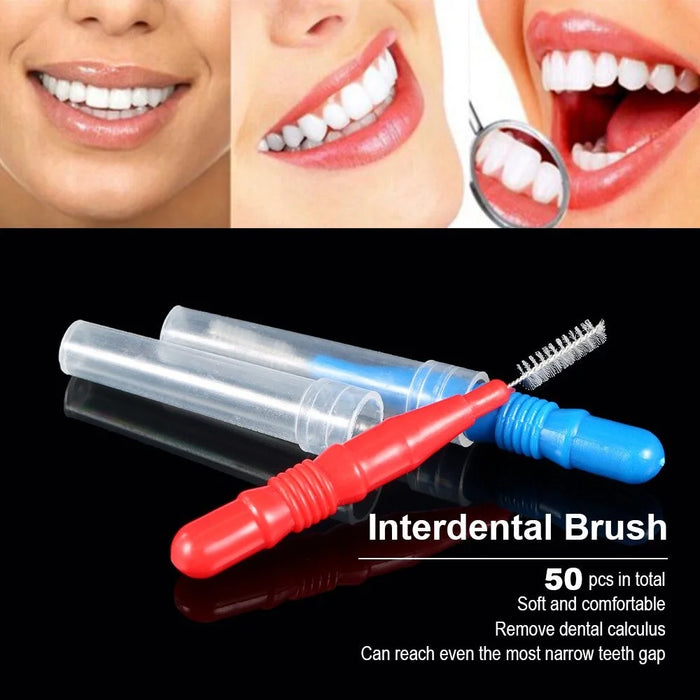 50Pcs Retractable Interdental Brushes Teeth Gap Cleaning Soft Bristles Interdental Brushes - Red+Blue - 2
