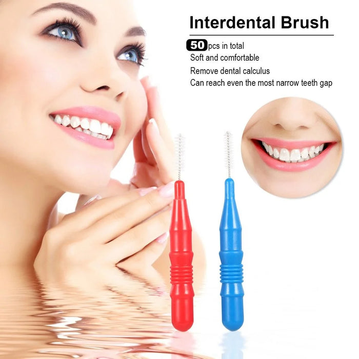50Pcs Retractable Interdental Brushes Teeth Gap Cleaning Soft Bristles Interdental Brushes - Red+Blue - 3