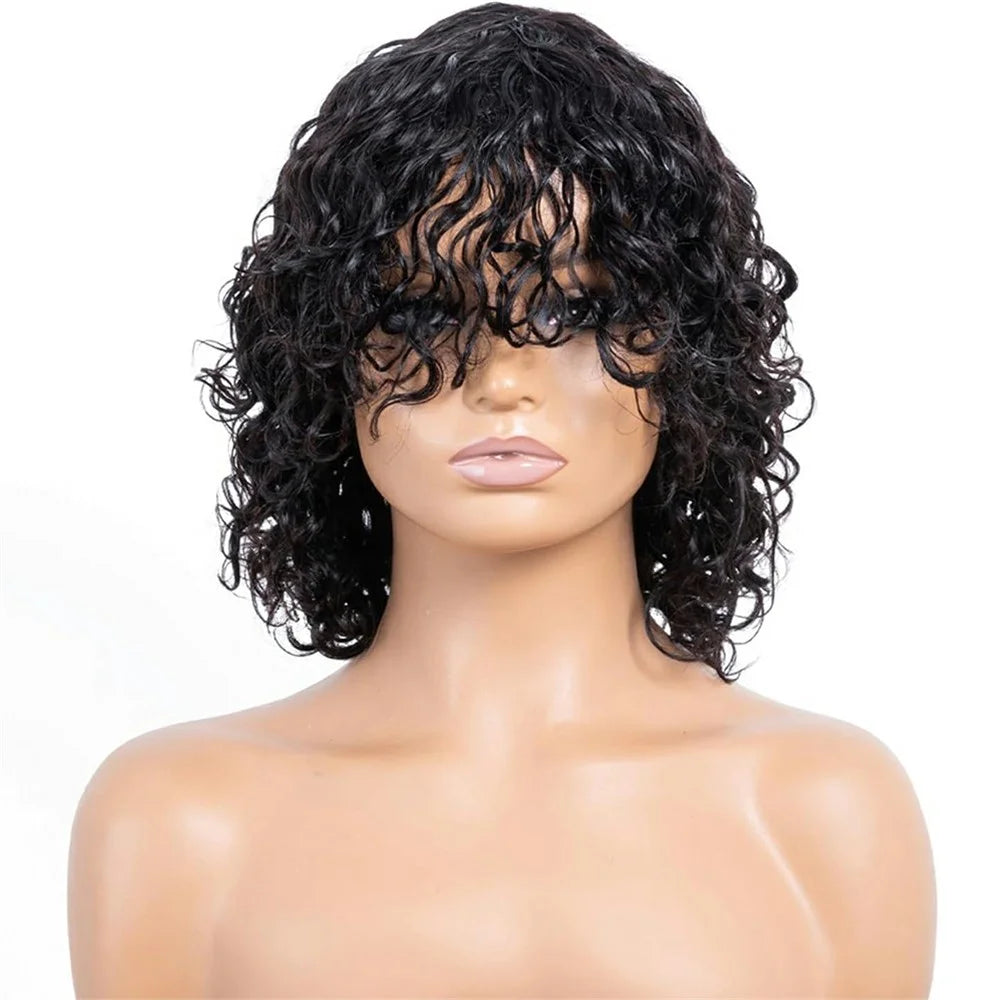 Black Short Curly Wig Human Hair for Women Soft Heat Resistant Adjustable Size Breathable Woven Net - 1
