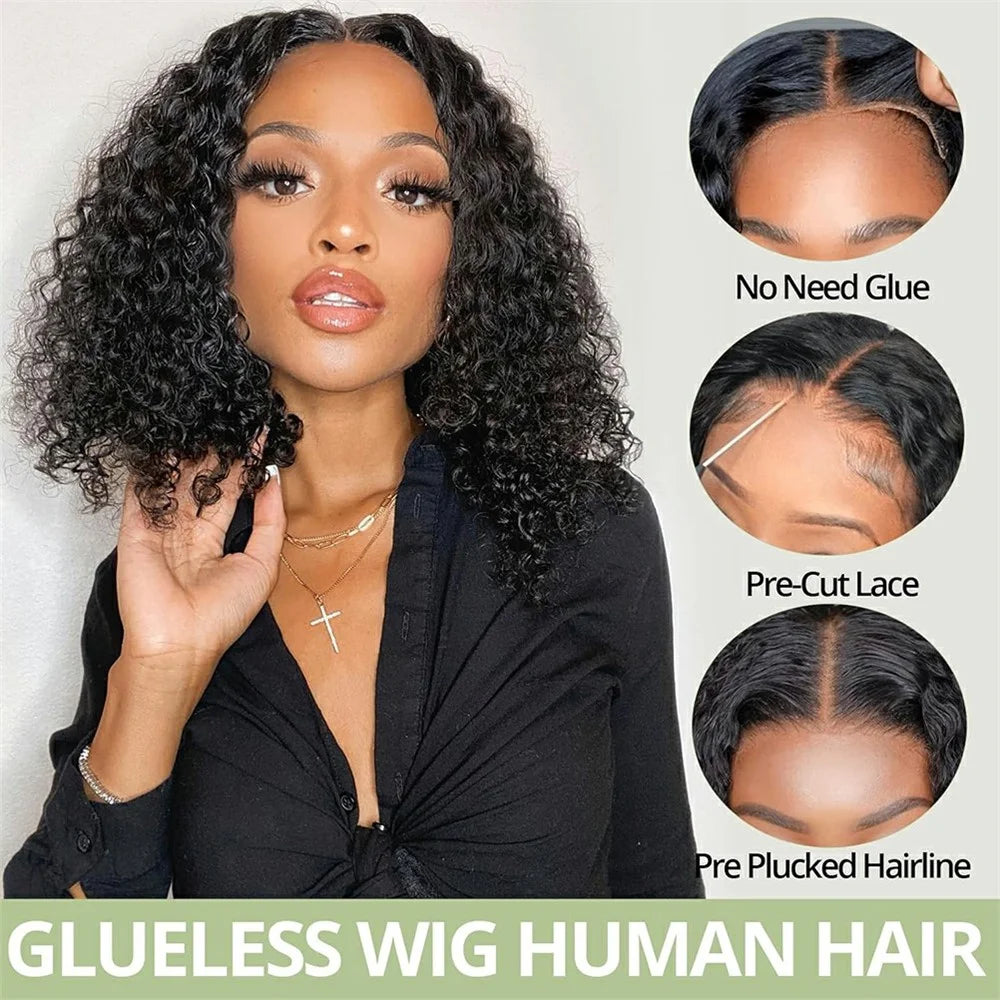 Black Short Curly Wig Human Hair for Women Soft Heat Resistant Adjustable Size Breathable Woven Net - 2