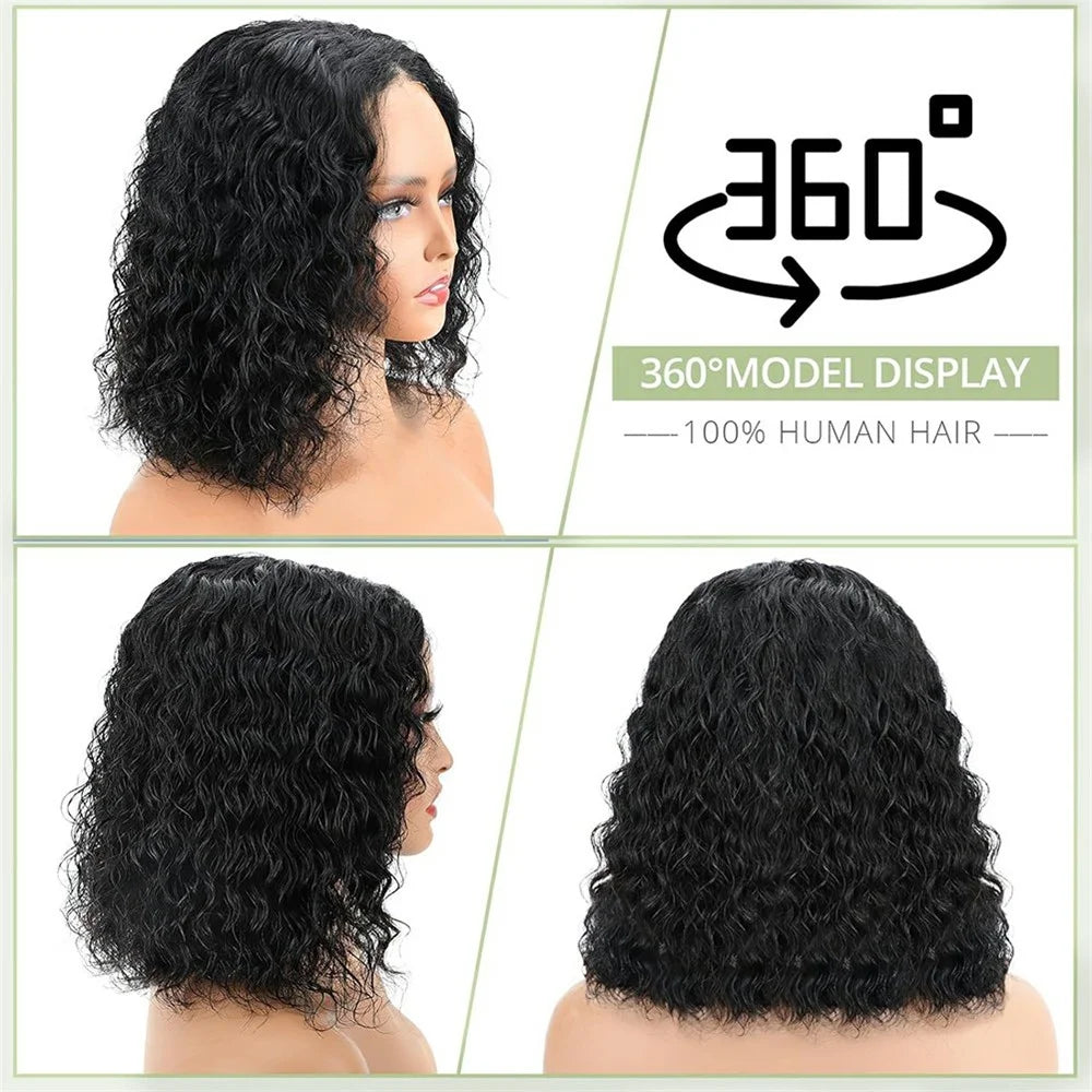 Black Short Curly Wig Human Hair for Women Soft Heat Resistant Adjustable Size Breathable Woven Net - 5