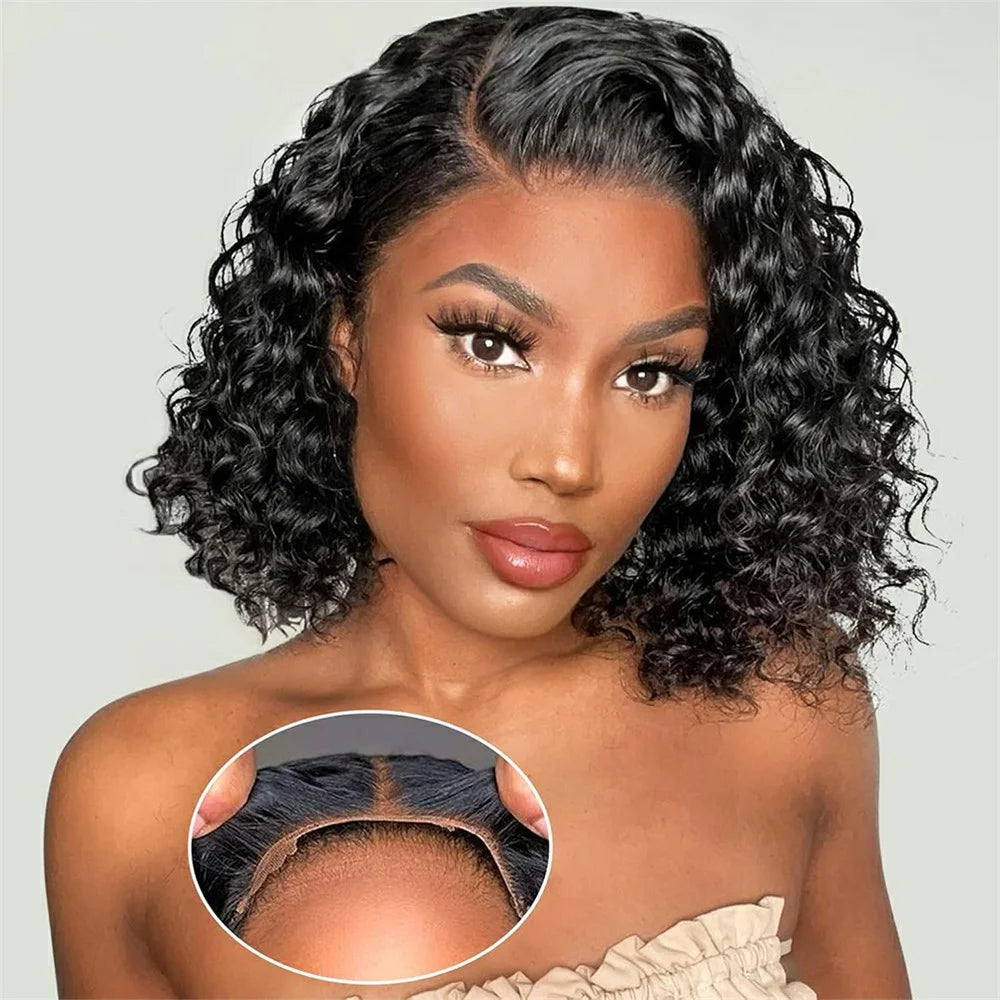 Black Short Curly Wig Human Hair for Women Soft Heat Resistant Adjustable Size Breathable Woven Net - 6