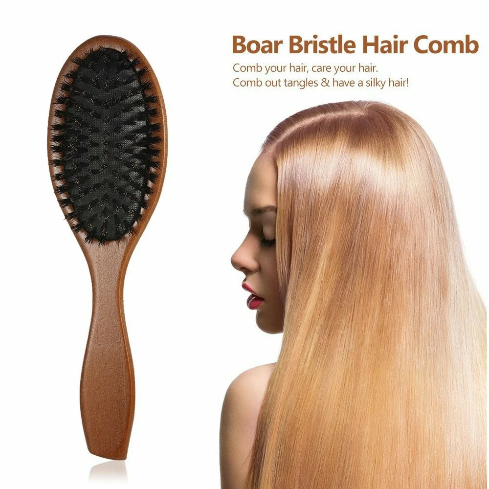 Natural Boar Bristle Hair Brush Anti Static Scalp Massage Comb with Wooden Handle for Long Thick Curly Hair - 2