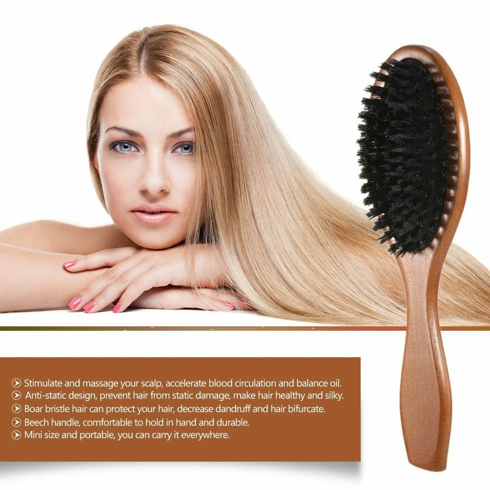 Natural Boar Bristle Hair Brush Anti Static Scalp Massage Comb with Wooden Handle for Long Thick Curly Hair - 3