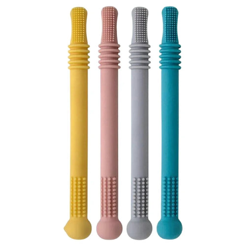 Baby Teething Toys 4Pcs Silicone Teether with Tube Brush Soft Hollow Design for Infant Oral Care (No FDA, BPA Free) - 1