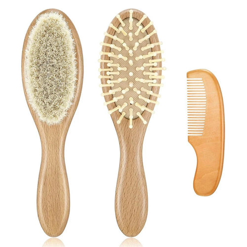 Large Baby Wool Brush 3 Piece Set For Infant Hair Care Soft Bristles Massage Comb with Wooden Handle - 1