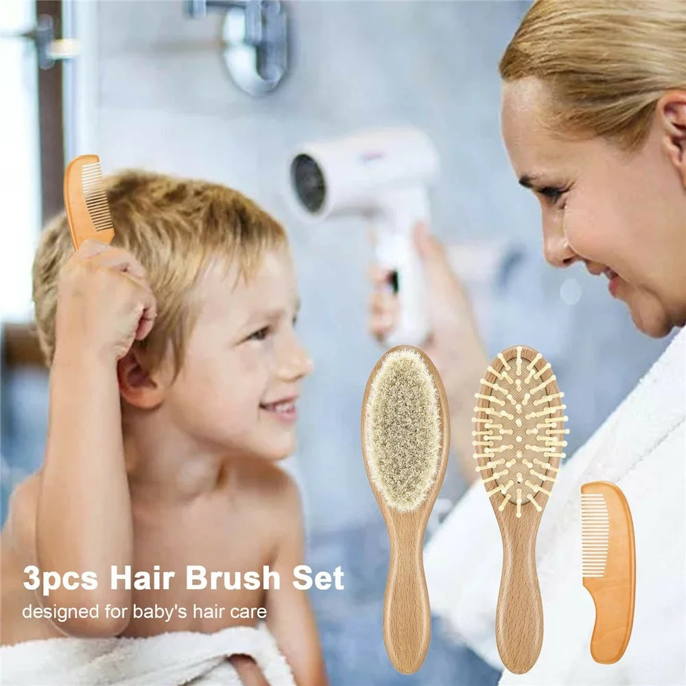 Large Baby Wool Brush 3 Piece Set For Infant Hair Care Soft Bristles Massage Comb with Wooden Handle - 2