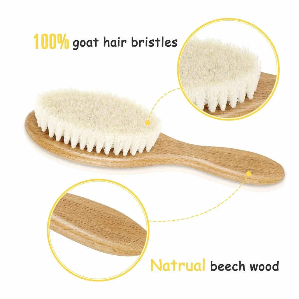 Large Baby Wool Brush 3 Piece Set For Infant Hair Care Soft Bristles Massage Comb with Wooden Handle - 3