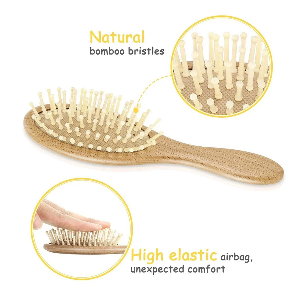 Large Baby Wool Brush 3 Piece Set For Infant Hair Care Soft Bristles Massage Comb with Wooden Handle - 4