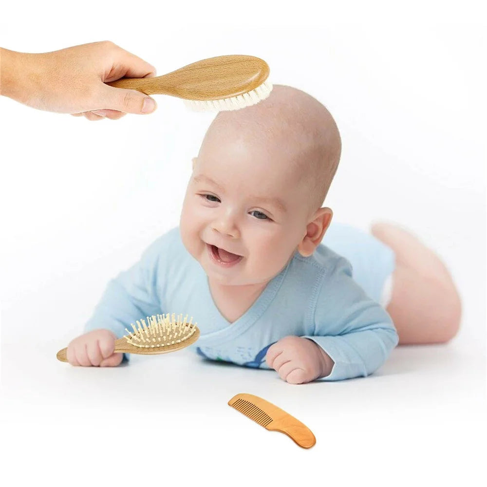Large Baby Wool Brush 3 Piece Set For Infant Hair Care Soft Bristles Massage Comb with Wooden Handle - 6