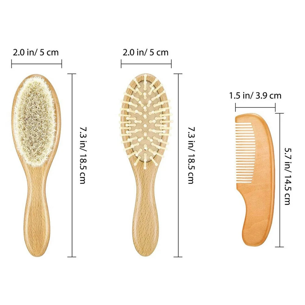 Large Baby Wool Brush 3 Piece Set For Infant Hair Care Soft Bristles Massage Comb with Wooden Handle - 7