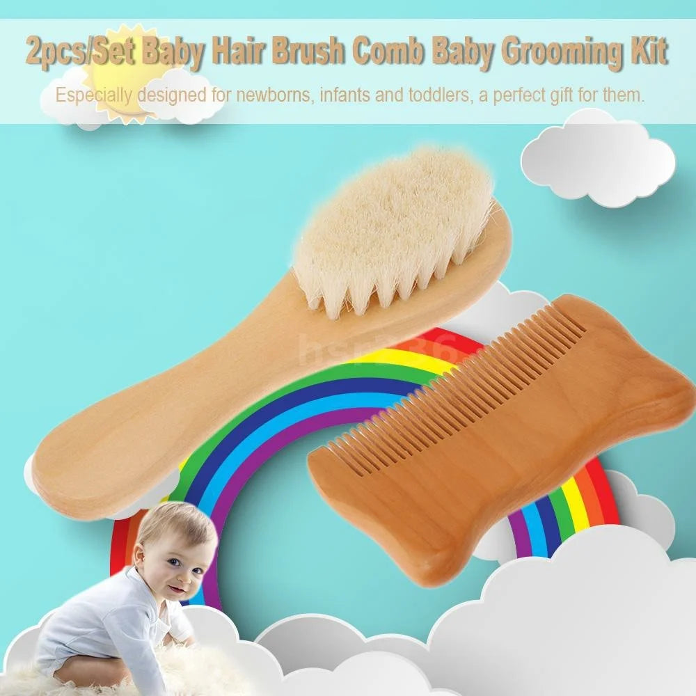 Small Baby Wool Brush and Cat Ear Wooden Comb Set Soft Bristles Brush for Newborns  /  Infants  /  Toddlers Scalp Massage - 2