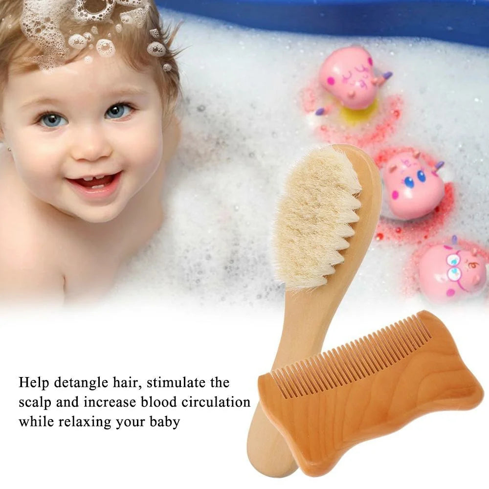 Small Baby Wool Brush and Cat Ear Wooden Comb Set Soft Bristles Brush for Newborns  /  Infants  /  Toddlers Scalp Massage - 3