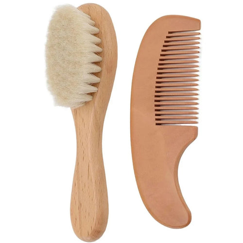 Small Baby Wool Brush and Curved Comb Set Goat Hair Brush For Newborn Scalp Massage Gentle Grooming - 1
