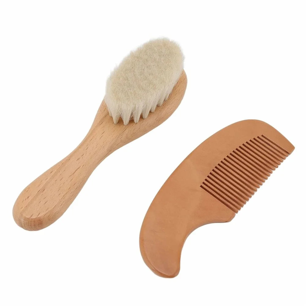 Small Baby Wool Brush and Curved Comb Set Goat Hair Brush For Newborn Scalp Massage Gentle Grooming - 2