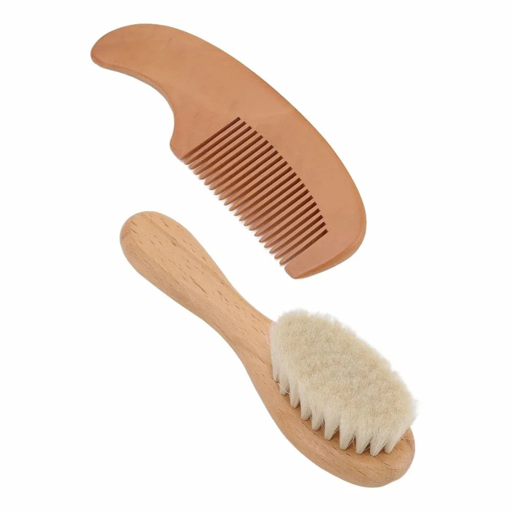 Small Baby Wool Brush and Curved Comb Set Goat Hair Brush For Newborn Scalp Massage Gentle Grooming - 3