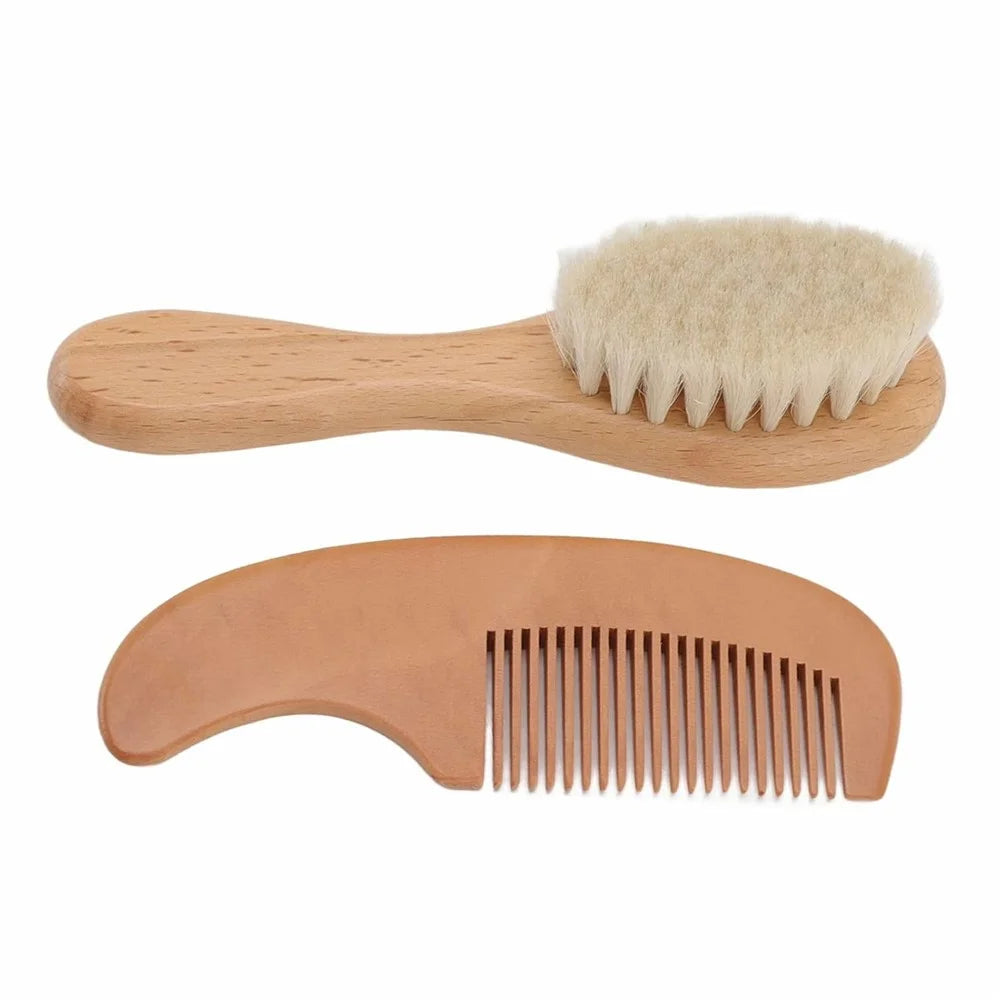 Small Baby Wool Brush and Curved Comb Set Goat Hair Brush For Newborn Scalp Massage Gentle Grooming - 4