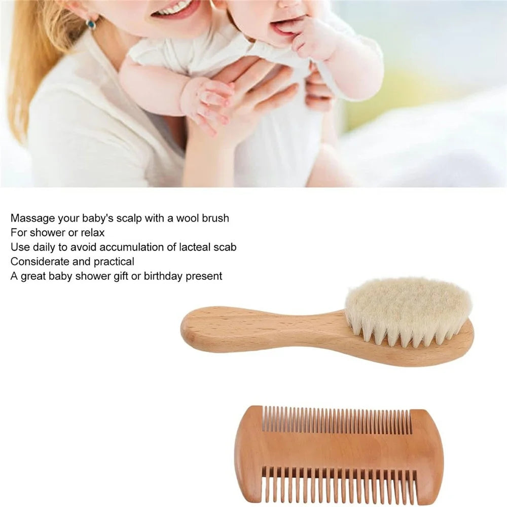 Small Baby Wool Brush and Double-Sided Comb Set Natural Soft Goat Hair Grooming Kit for Scalp Massage - 3
