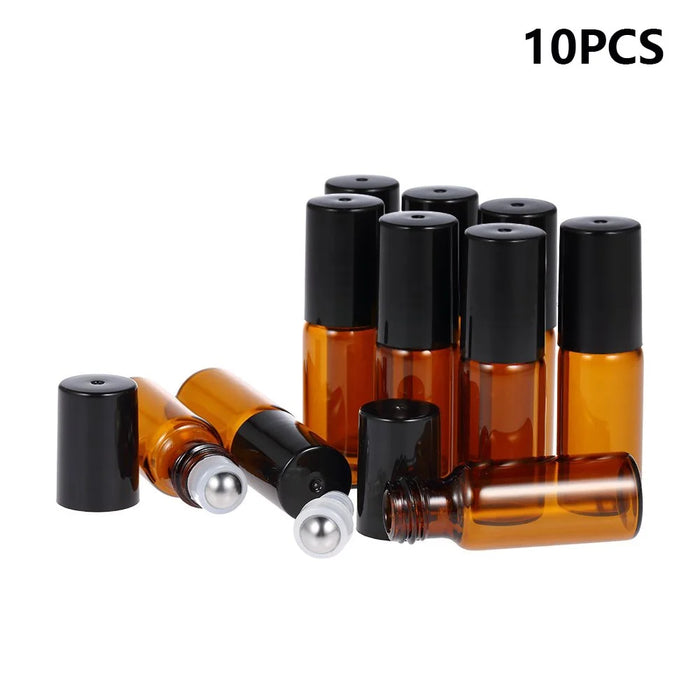 10Pcs 5ml Essential Oil Roller Bottle Stainless Steel Roller Ball Amber Glass Container with Dropper - 1