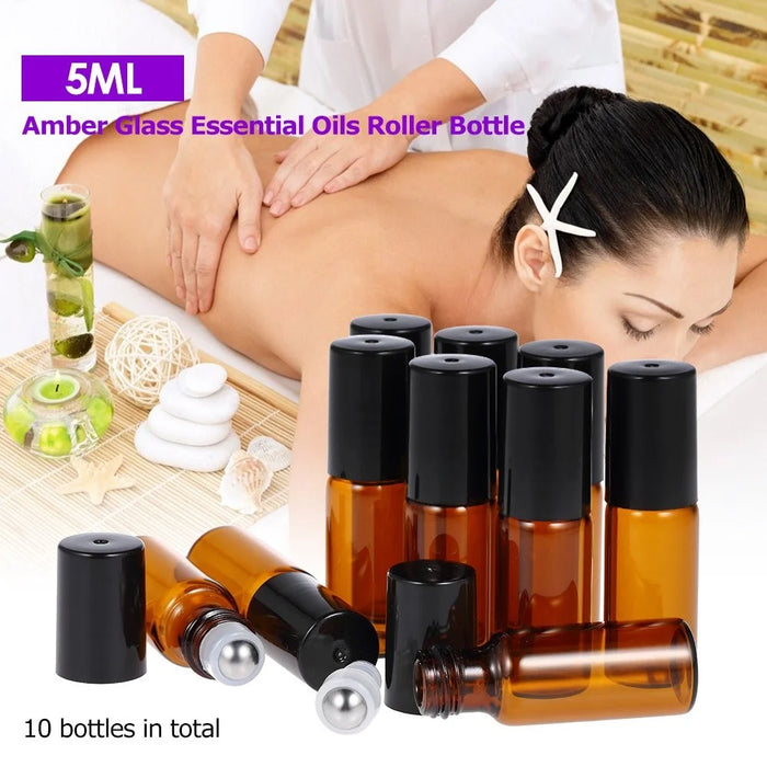 10Pcs 5ml Essential Oil Roller Bottle Stainless Steel Roller Ball Amber Glass Container with Dropper - 2
