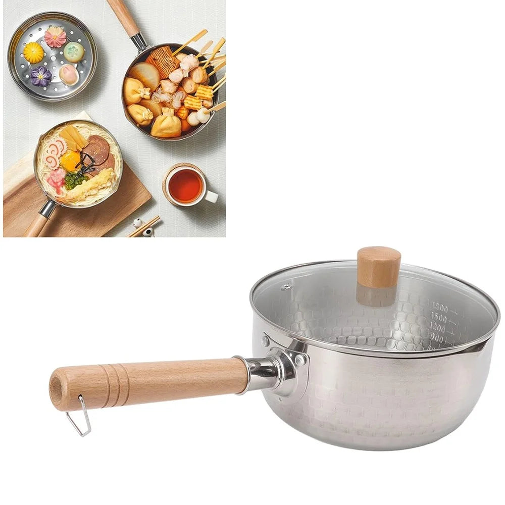 Japanese Saucepan with Lid Wooden Handle Stainless Steel Milk Soup Pot, Diameter: 20cm (BPA Free, No FDA) - 1