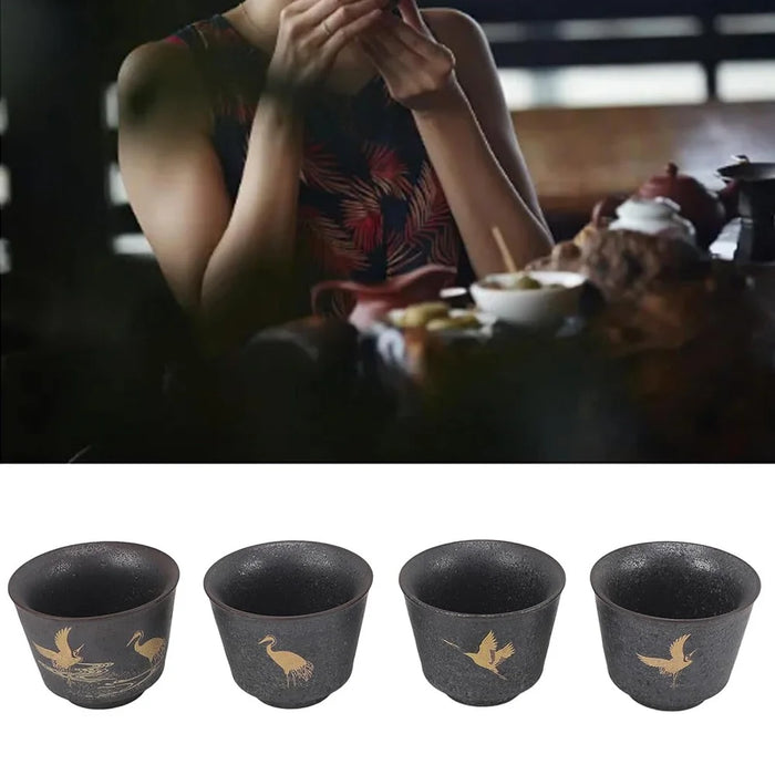 4Pcs / Set Ceramic Kung Fu Tea Cups Handcrafted Coarse Pottery Auspicious Crane Design Cup for Chinese Tea Ceremony - 3