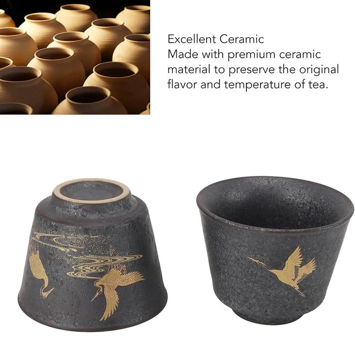 4Pcs / Set Ceramic Kung Fu Tea Cups Handcrafted Coarse Pottery Auspicious Crane Design Cup for Chinese Tea Ceremony - 4