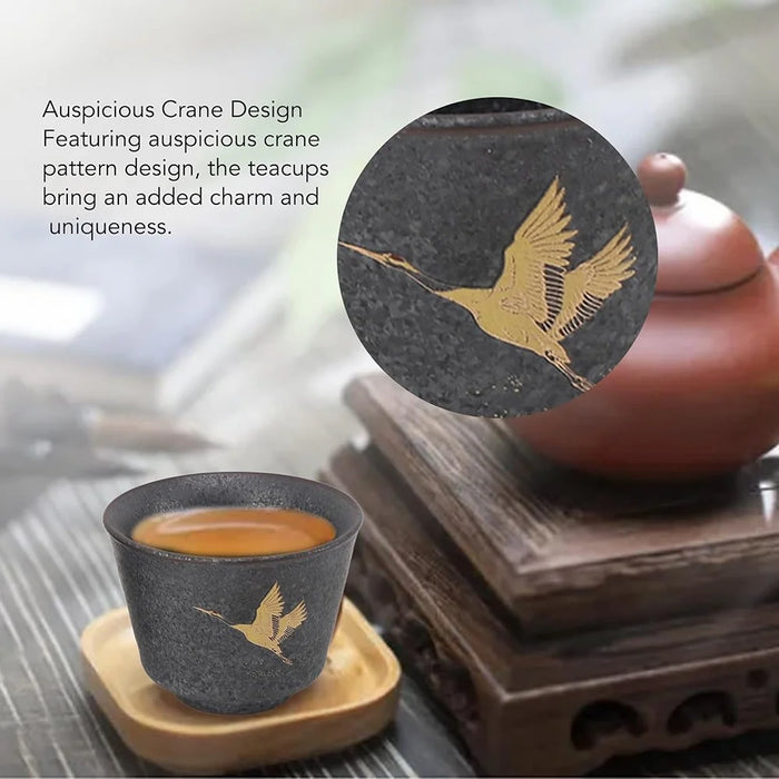 4Pcs / Set Ceramic Kung Fu Tea Cups Handcrafted Coarse Pottery Auspicious Crane Design Cup for Chinese Tea Ceremony - 5