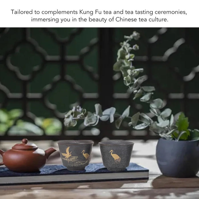 4Pcs / Set Ceramic Kung Fu Tea Cups Handcrafted Coarse Pottery Auspicious Crane Design Cup for Chinese Tea Ceremony - 6