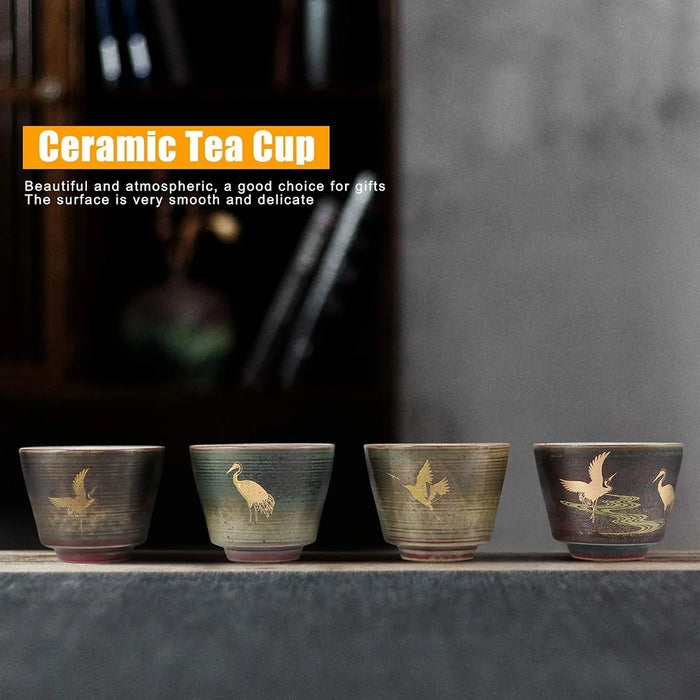 4Pcs / Set Kung Fu Tea Cups Handcrafted Crane Pattern Ceramic Teacups Traditional Chinese Tea Ceremony Gift - 3