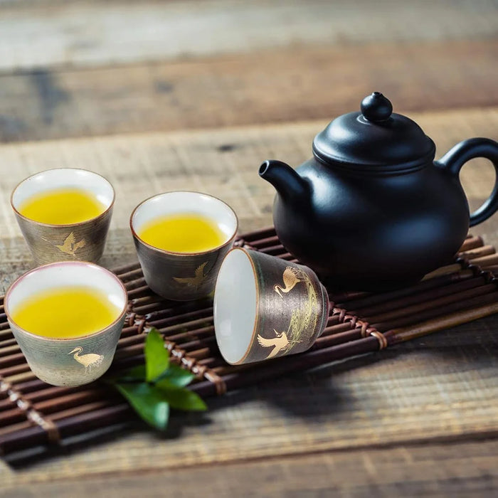 4Pcs / Set Kung Fu Tea Cups Handcrafted Crane Pattern Ceramic Teacups Traditional Chinese Tea Ceremony Gift - 4