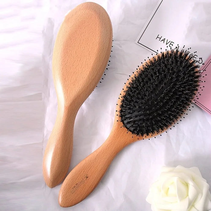 Portable Air Cushion Massage Comb Boar Bristle Hair Detangling Brush with Bamboo Handle - 3