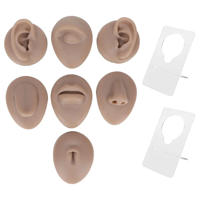 Silicone Piercing Body Model Soft Piercing Practice Model Simulation Ear Eye Nose Mouth Model Set with Display Rack - Dark Skin - 1