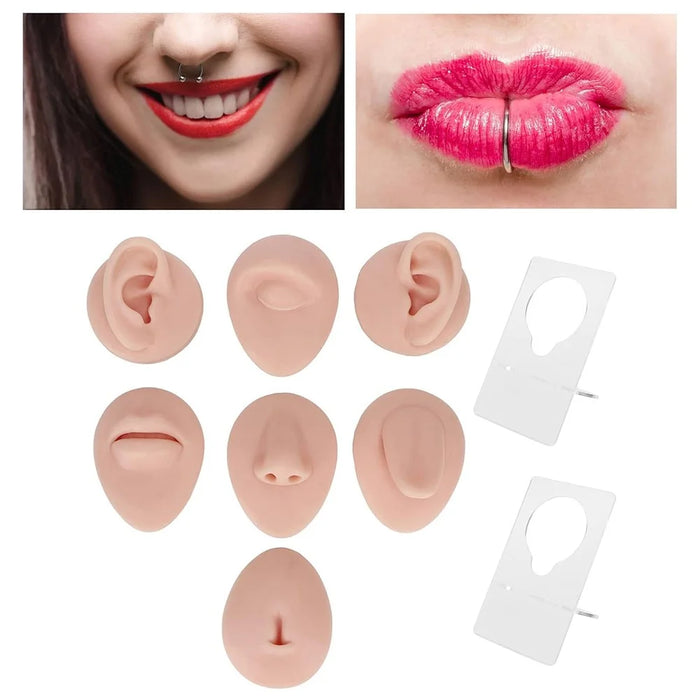 Silicone Piercing Body Model Soft Piercing Practice Model Simulation Ear Eye Nose Mouth Model Set with Display Rack - Dark Skin - 2