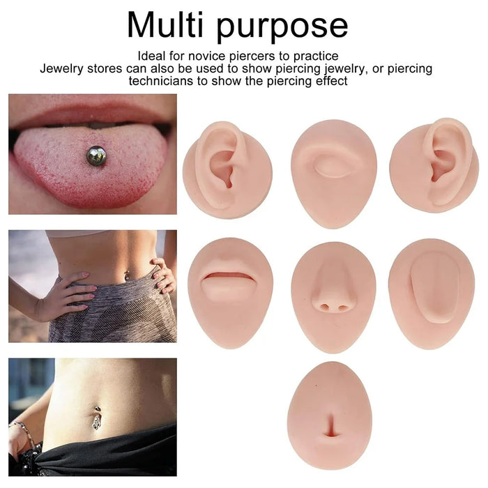 Silicone Piercing Body Model Soft Piercing Practice Model Simulation Ear Eye Nose Mouth Model Set with Display Rack - Dark Skin - 3