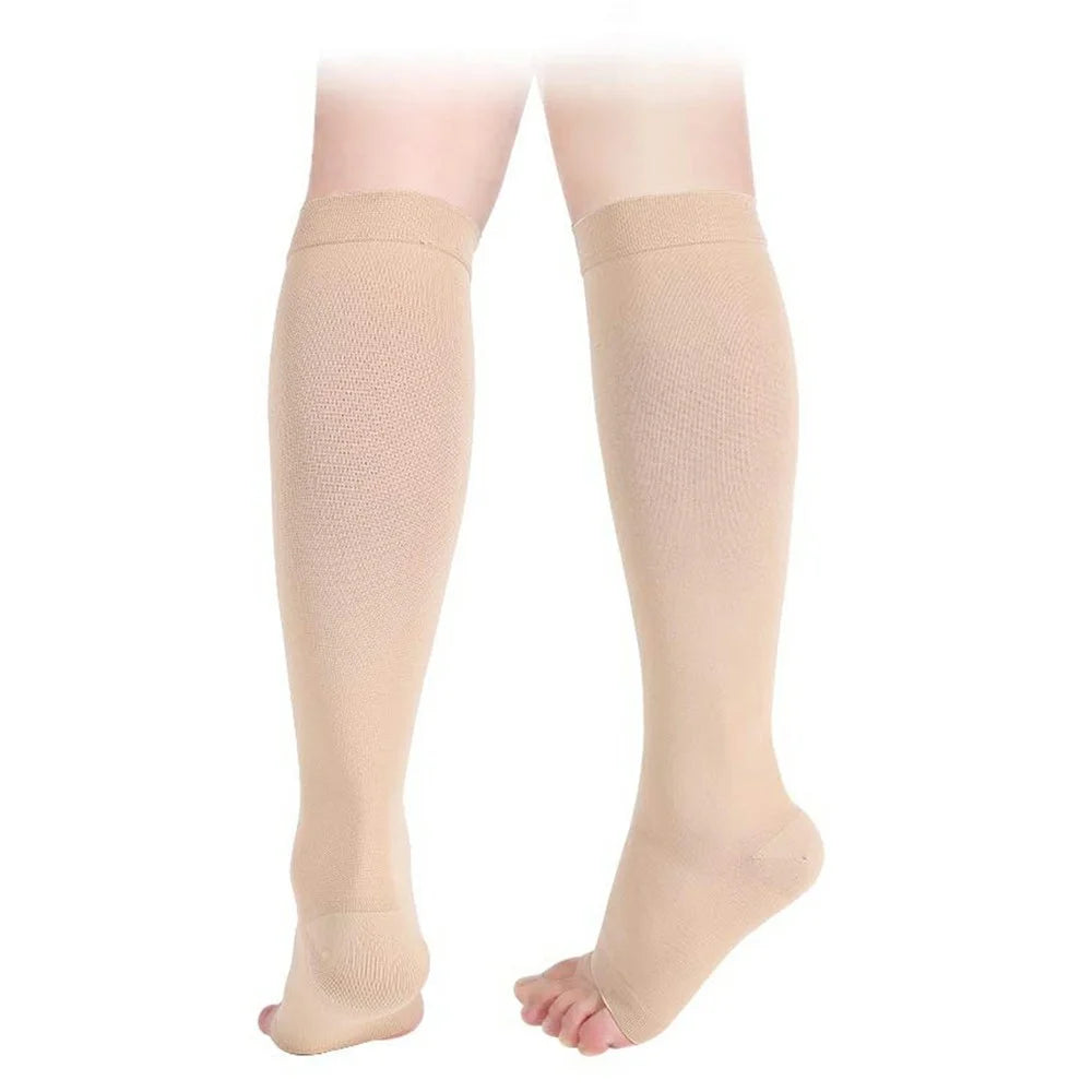 Size M 20-30mmHg Compression Calf Sleeve Breathable Open Toe Stockings for Varicose Veins, Skin Color - 1