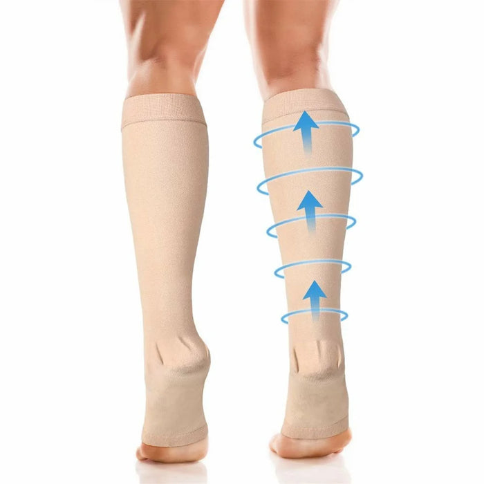 Size M 20-30mmHg Compression Calf Sleeve Breathable Open Toe Stockings for Varicose Veins, Skin Color - 2