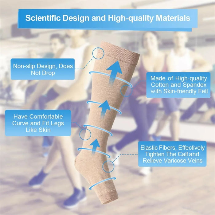 Size M 20-30mmHg Compression Calf Sleeve Breathable Open Toe Stockings for Varicose Veins, Skin Color - 4