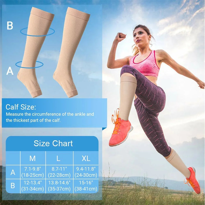Size M 20-30mmHg Compression Calf Sleeve Breathable Open Toe Stockings for Varicose Veins, Skin Color - 7