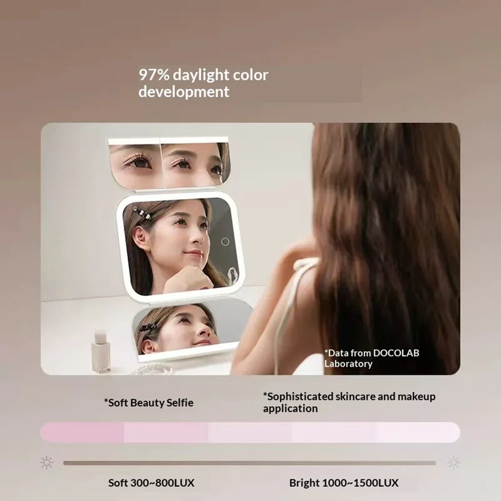 WS-001S LED Makeup Mirror 3 Color Lighting 2X/3X Magnification Desktop Tri-fold Vanity Mirror - Beige - 2