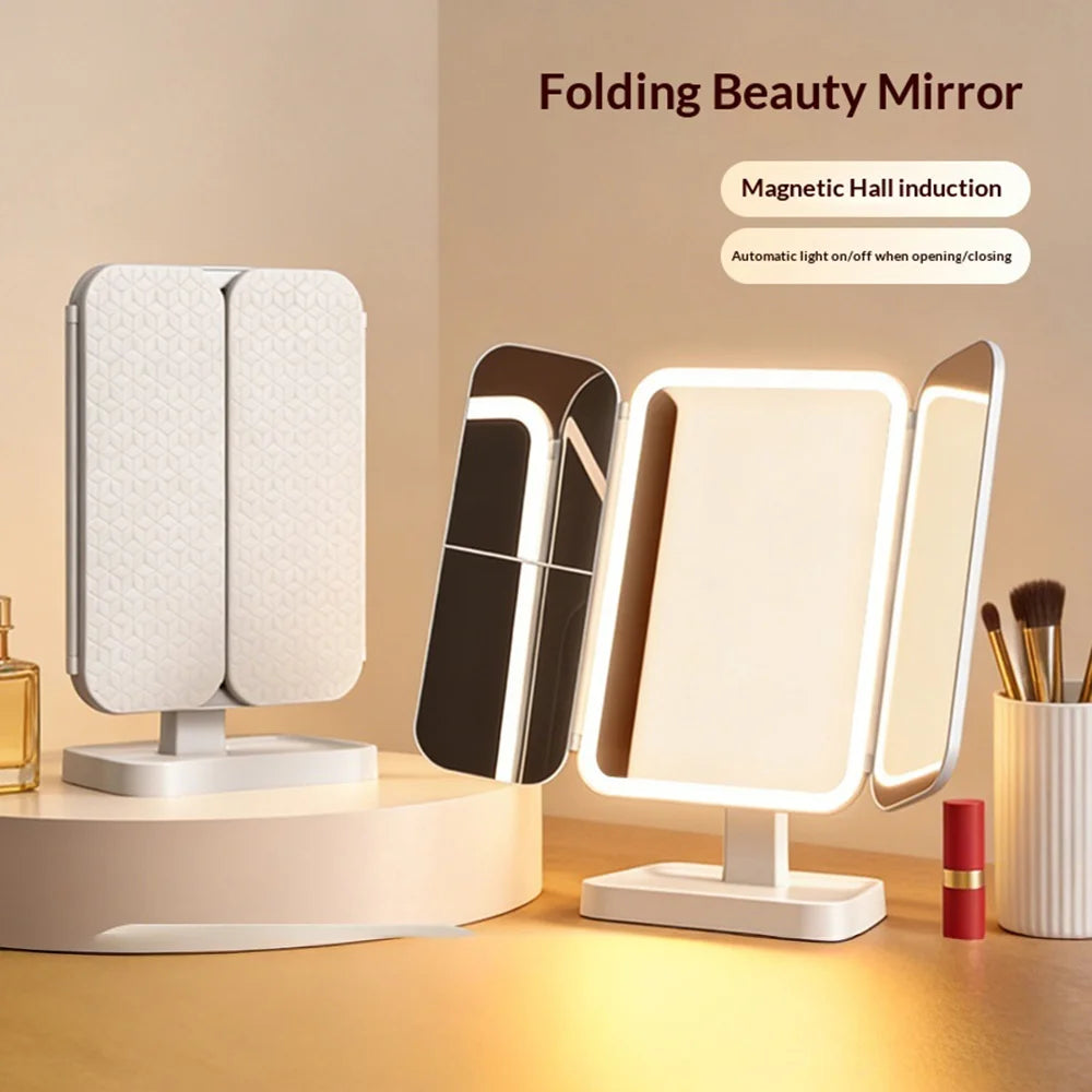 WS-001S LED Makeup Mirror 3 Color Lighting 2X/3X Magnification Desktop Tri-fold Vanity Mirror - Beige - 3
