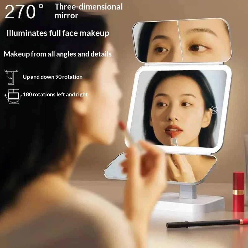 WS-001S LED Makeup Mirror 3 Color Lighting 2X/3X Magnification Desktop Tri-fold Vanity Mirror - Beige - 4