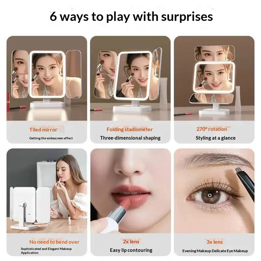 WS-001S LED Makeup Mirror 3 Color Lighting 2X/3X Magnification Desktop Tri-fold Vanity Mirror - Beige - 5