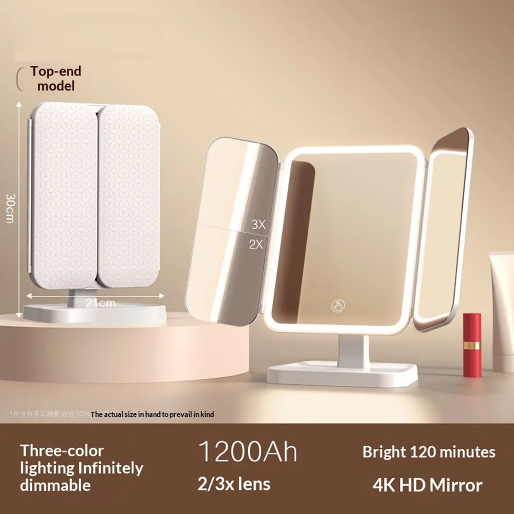 WS-001S LED Makeup Mirror 3 Color Lighting 2X/3X Magnification Desktop Tri-fold Vanity Mirror - Beige - 6