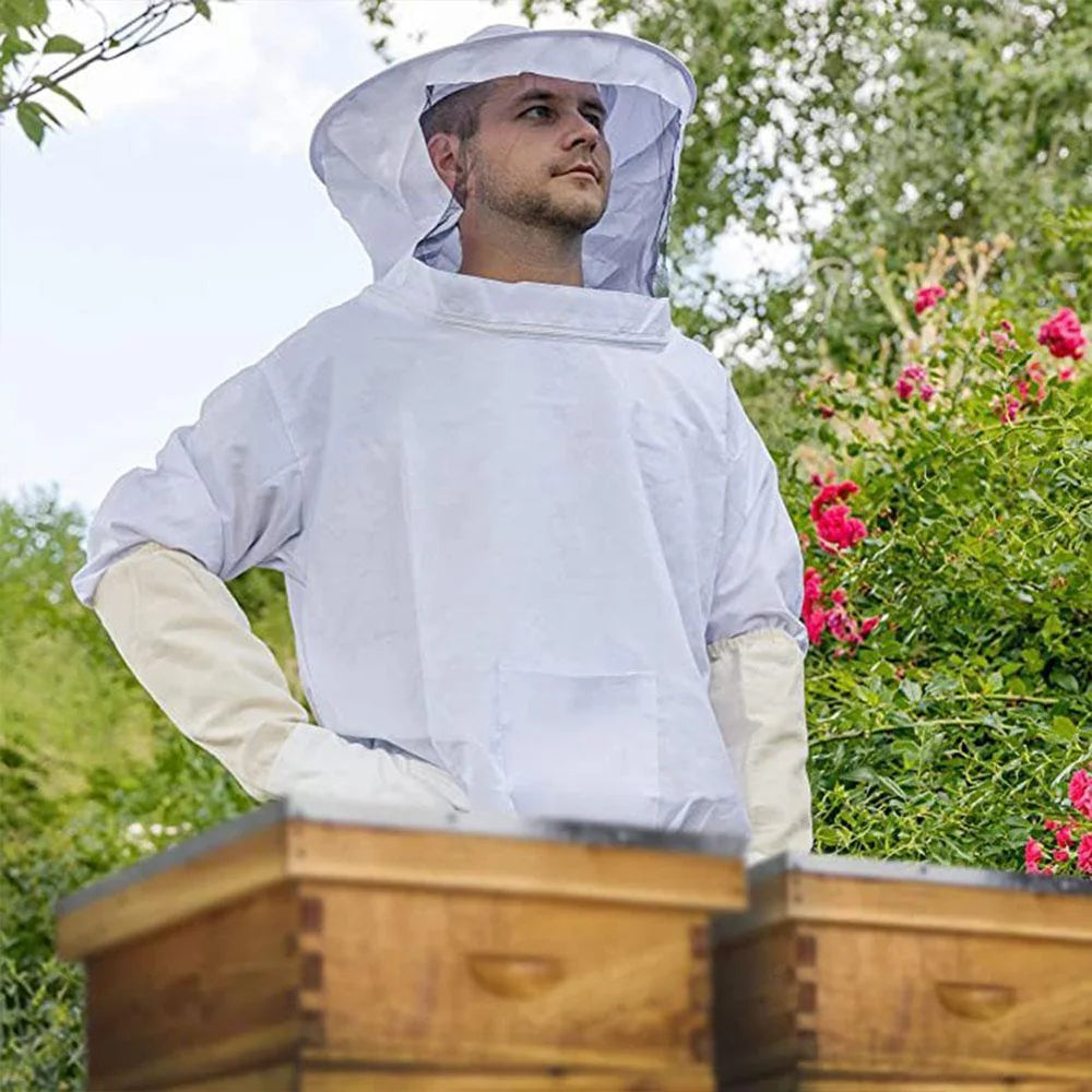 Beekeeping Top with Fencing Veil and Zipper Hood Hat for Professional Beginner Beekeepers Protective Clothing - White - 4