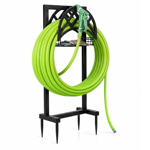 Outdoor Garden Hose Storage Rack with Basket Heavy Duty Metal Stand for Yard Lawn - Black - 1
