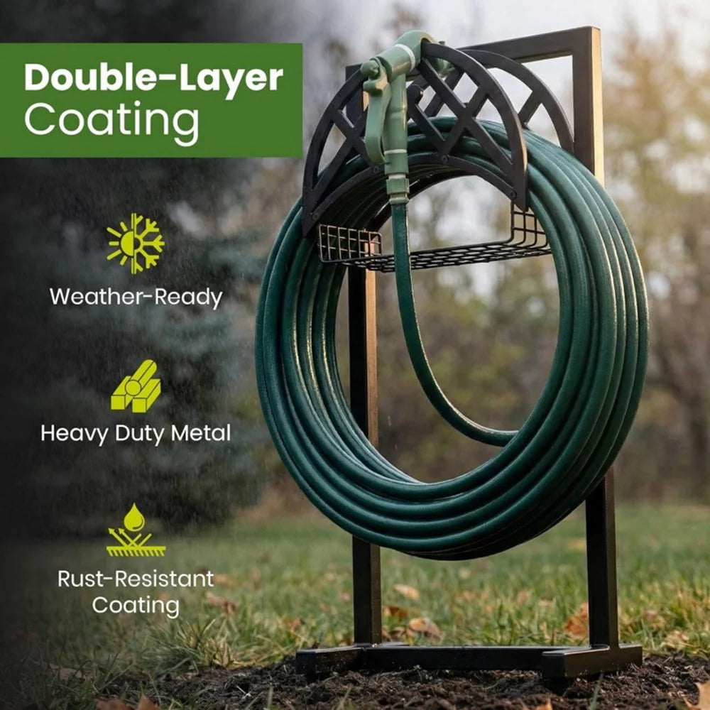 Outdoor Garden Hose Storage Rack with Basket Heavy Duty Metal Stand for Yard Lawn - Black - 2