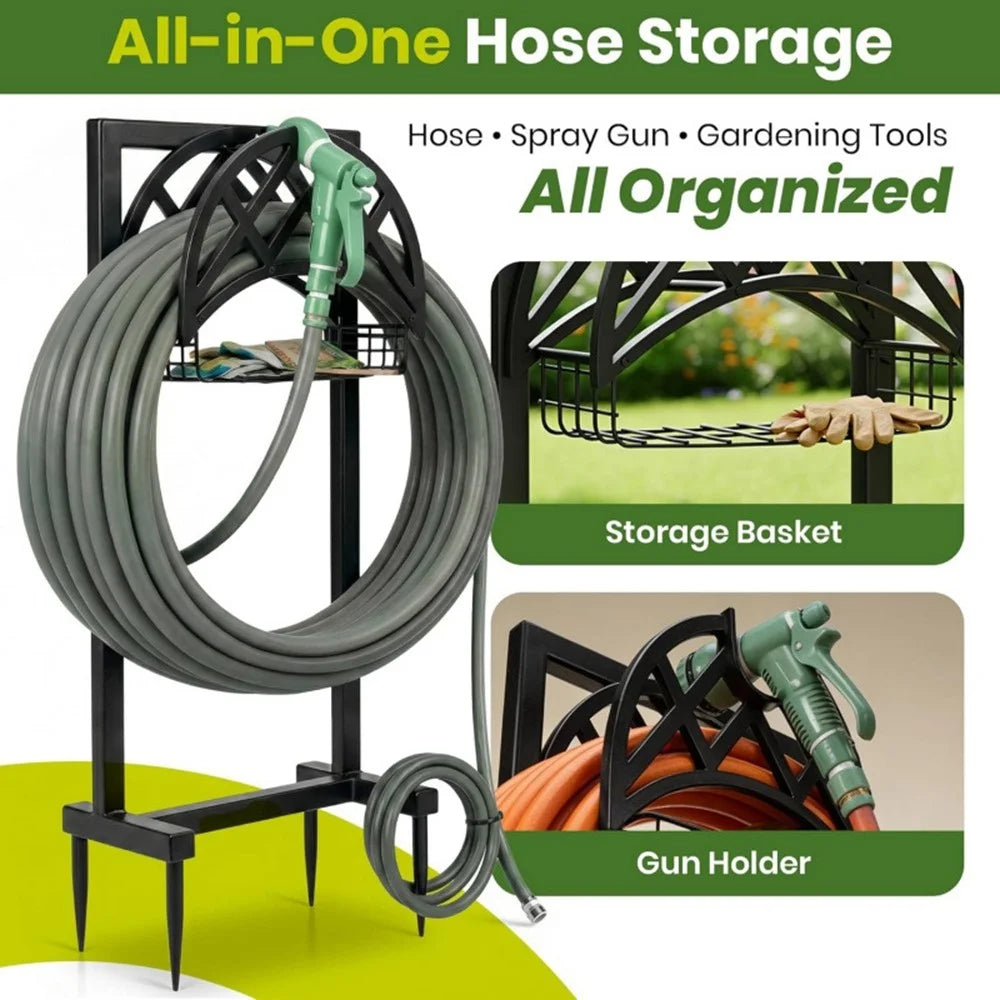 Outdoor Garden Hose Storage Rack with Basket Heavy Duty Metal Stand for Yard Lawn - Black - 3