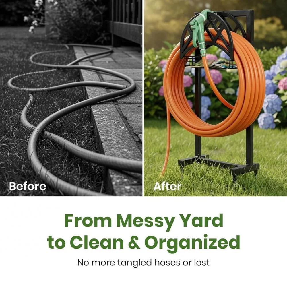 Outdoor Garden Hose Storage Rack with Basket Heavy Duty Metal Stand for Yard Lawn - Black - 4